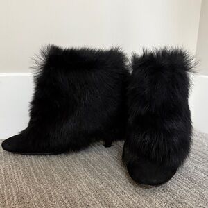 Delman Black Fur and Leather Suede Ankle Boots